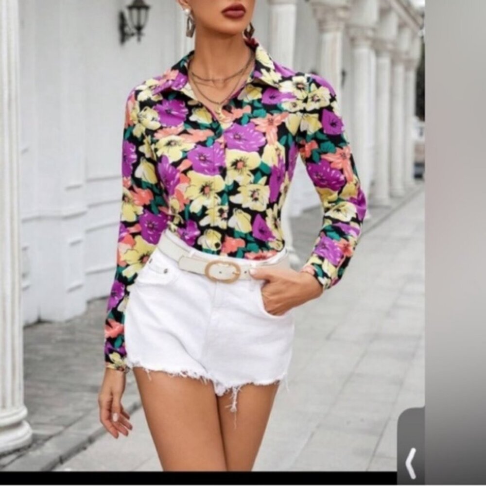 VCAY Full Floral Printed Long Sleeve Women'S Shirt size  S new without tag - Picture 6 of 9